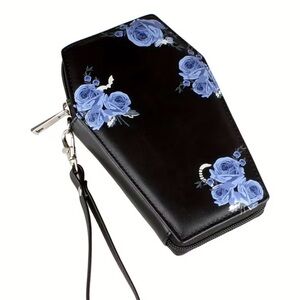 {NEW} Black Coffin Shaped Wristlet Wallet with Blue Rose Print